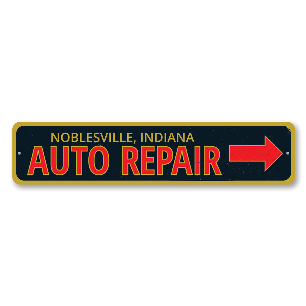 A decorative Garage Auto Repair Sign made of aluminum, featuring customizable text and pre-drilled holes for easy mounting.