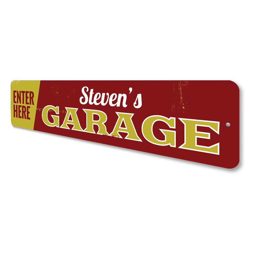 A customizable Garage Entrance Sign made of durable aluminum, featuring pre-drilled holes for easy mounting, showcasing a stylish design.