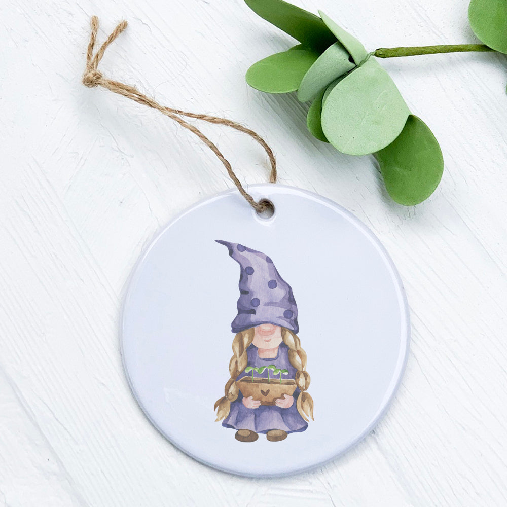 A charming porcelain garden gnome ornament with sprouts, featuring vibrant colors and a glossy finish, perfect for home decor or gifting.