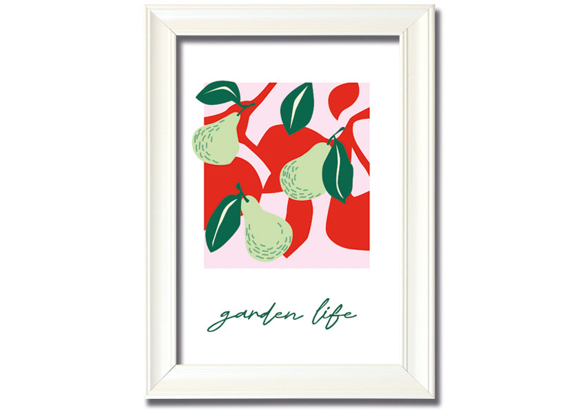 A beautifully framed print of pears, showcasing vibrant colors and intricate details, available in various frame colors.