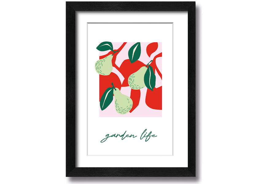 A beautifully framed print of pears, showcasing vibrant colors and intricate details, available in various frame colors.