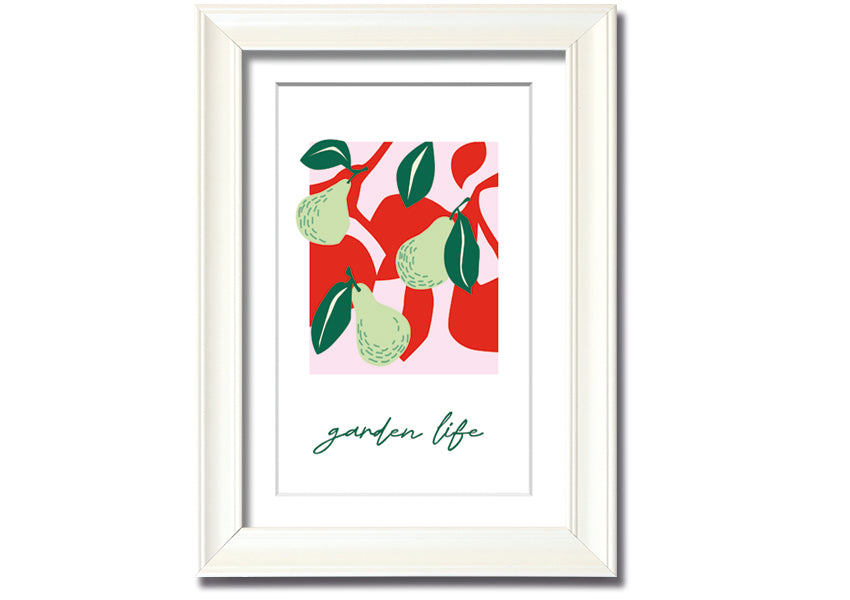 A beautifully framed print of pears, showcasing vibrant colors and intricate details, available in various frame colors.