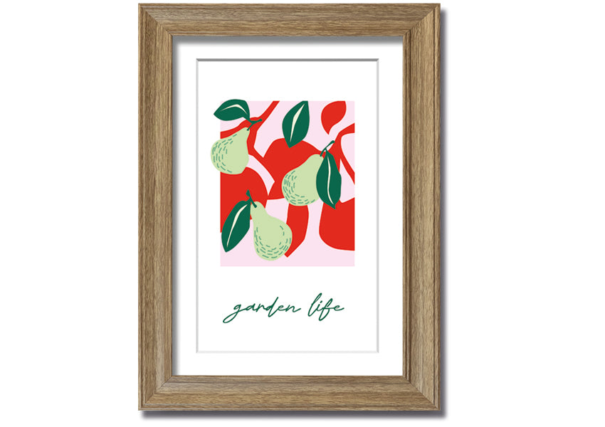 A beautifully framed print of pears, showcasing vibrant colors and intricate details, available in various frame colors.