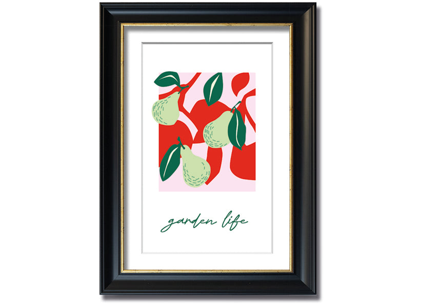 A beautifully framed print of pears, showcasing vibrant colors and intricate details, available in various frame colors.