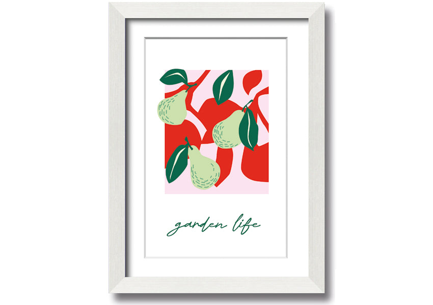 A beautifully framed print of pears, showcasing vibrant colors and intricate details, available in various frame colors.