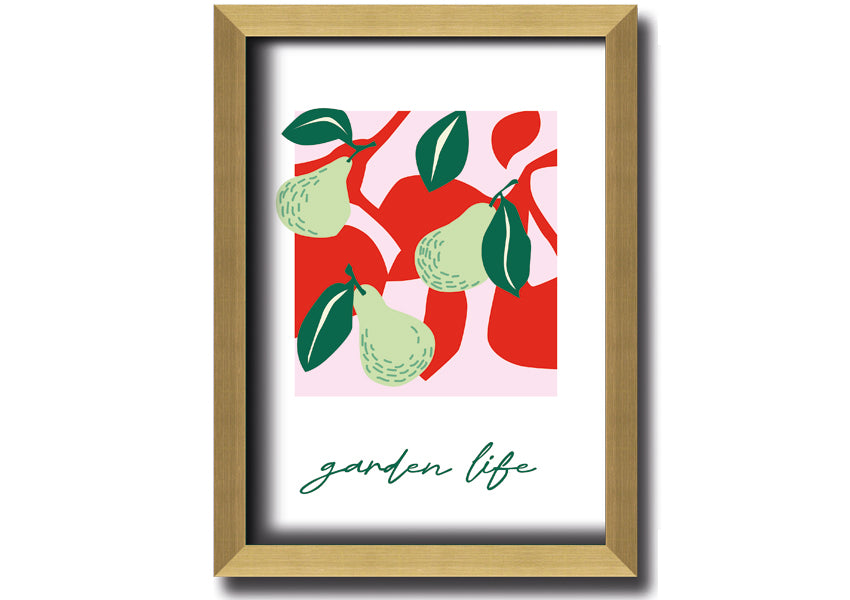 A beautifully framed print of pears, showcasing vibrant colors and intricate details, available in various frame colors.