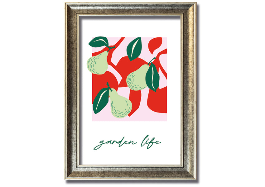 A beautifully framed print of pears, showcasing vibrant colors and intricate details, available in various frame colors.