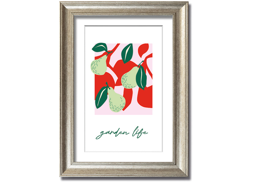 A beautifully framed print of pears, showcasing vibrant colors and intricate details, available in various frame colors.