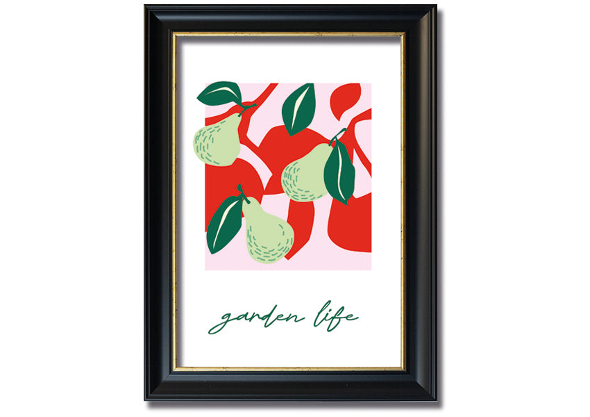 A beautifully framed print of pears, showcasing vibrant colors and intricate details, available in various frame colors.