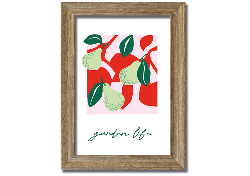 A beautifully framed print of pears, showcasing vibrant colors and intricate details, available in various frame colors.