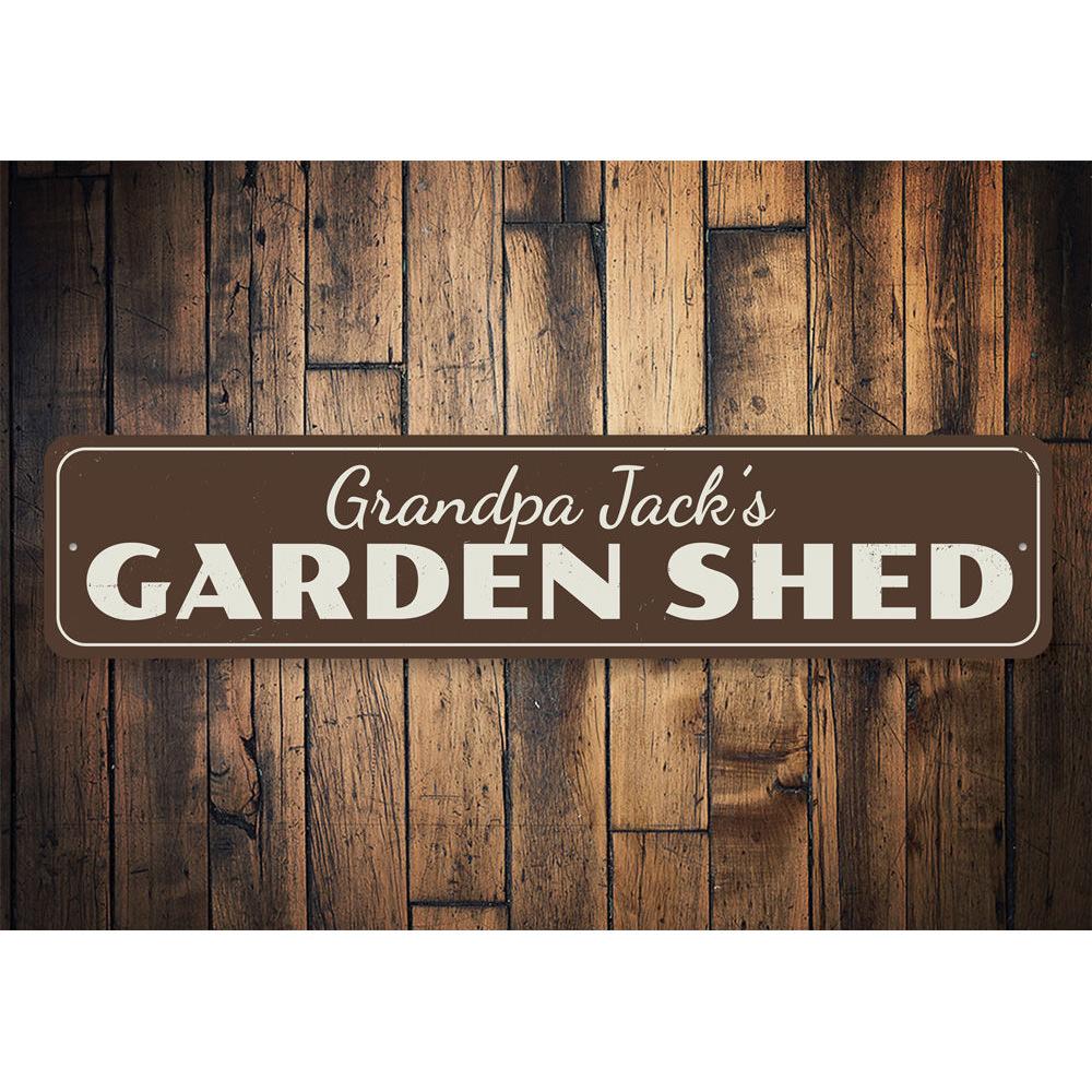 Customizable Garden Shed Sign made of durable aluminum, featuring pre-drilled holes for easy mounting, perfect for outdoor decor.