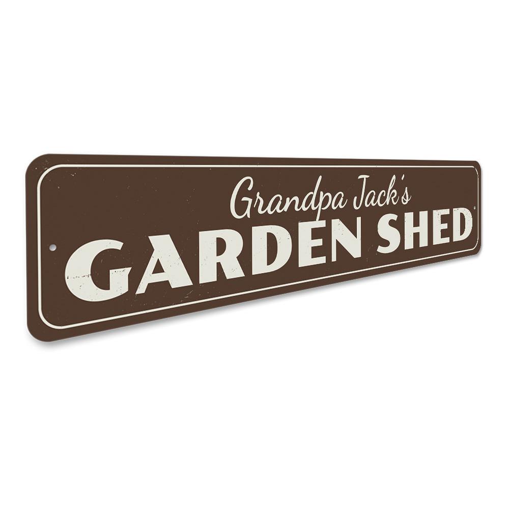 Customizable Garden Shed Sign made of durable aluminum, featuring pre-drilled holes for easy mounting, perfect for outdoor decor.