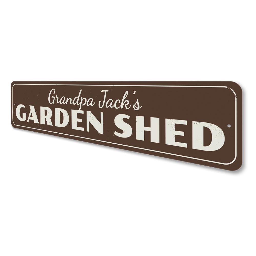 Customizable Garden Shed Sign made of durable aluminum, featuring pre-drilled holes for easy mounting, perfect for outdoor decor.