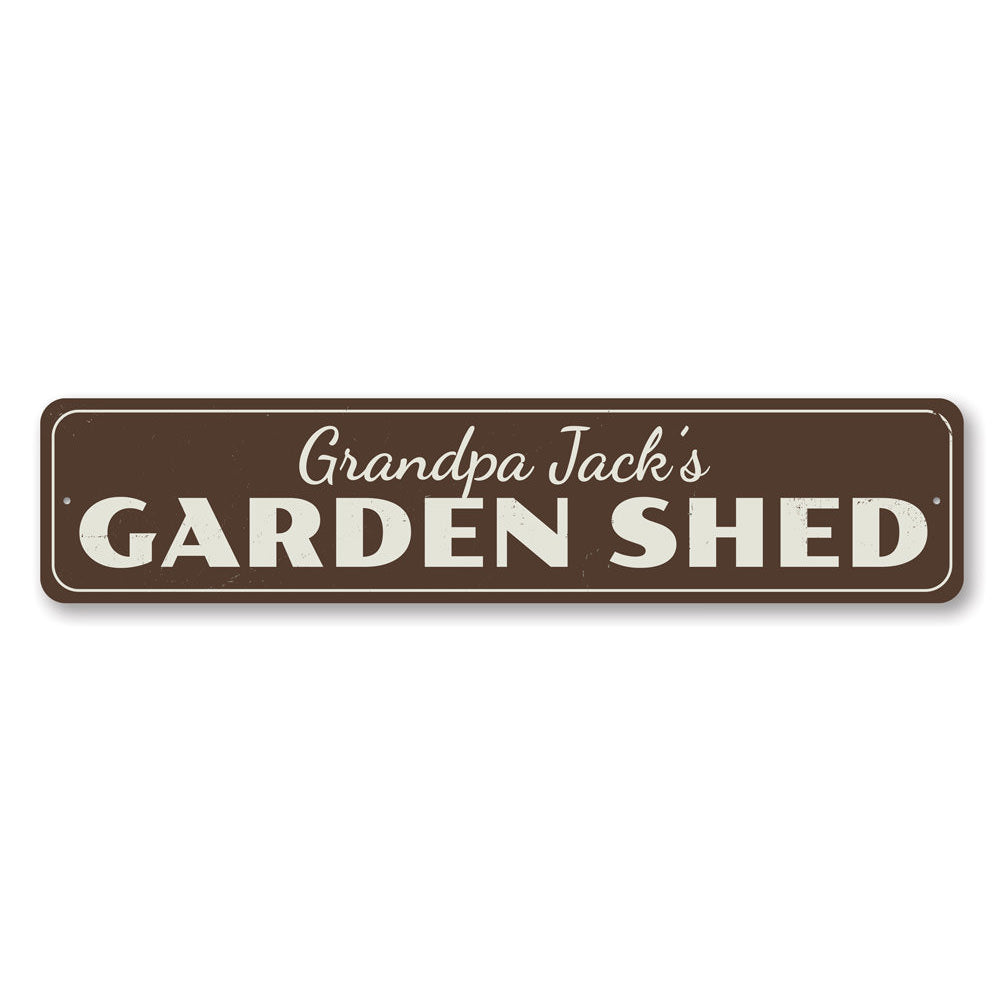 Customizable Garden Shed Sign made of durable aluminum, featuring pre-drilled holes for easy mounting, perfect for outdoor decor.