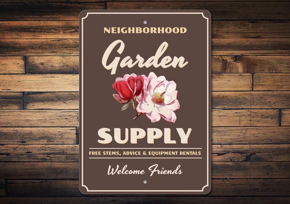 Customizable Garden Supply Sign made of high-quality aluminum, featuring pre-drilled holes for easy mounting.