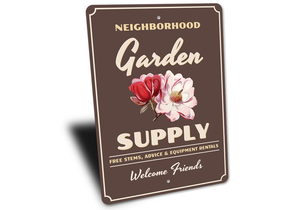 Customizable Garden Supply Sign made of high-quality aluminum, featuring pre-drilled holes for easy mounting.