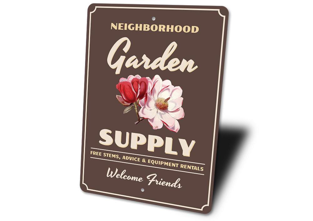 Customizable Garden Supply Sign made of high-quality aluminum, featuring pre-drilled holes for easy mounting.