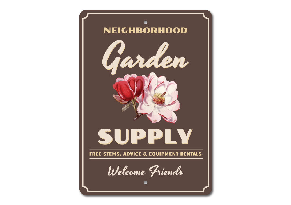 Customizable Garden Supply Sign made of high-quality aluminum, featuring pre-drilled holes for easy mounting.