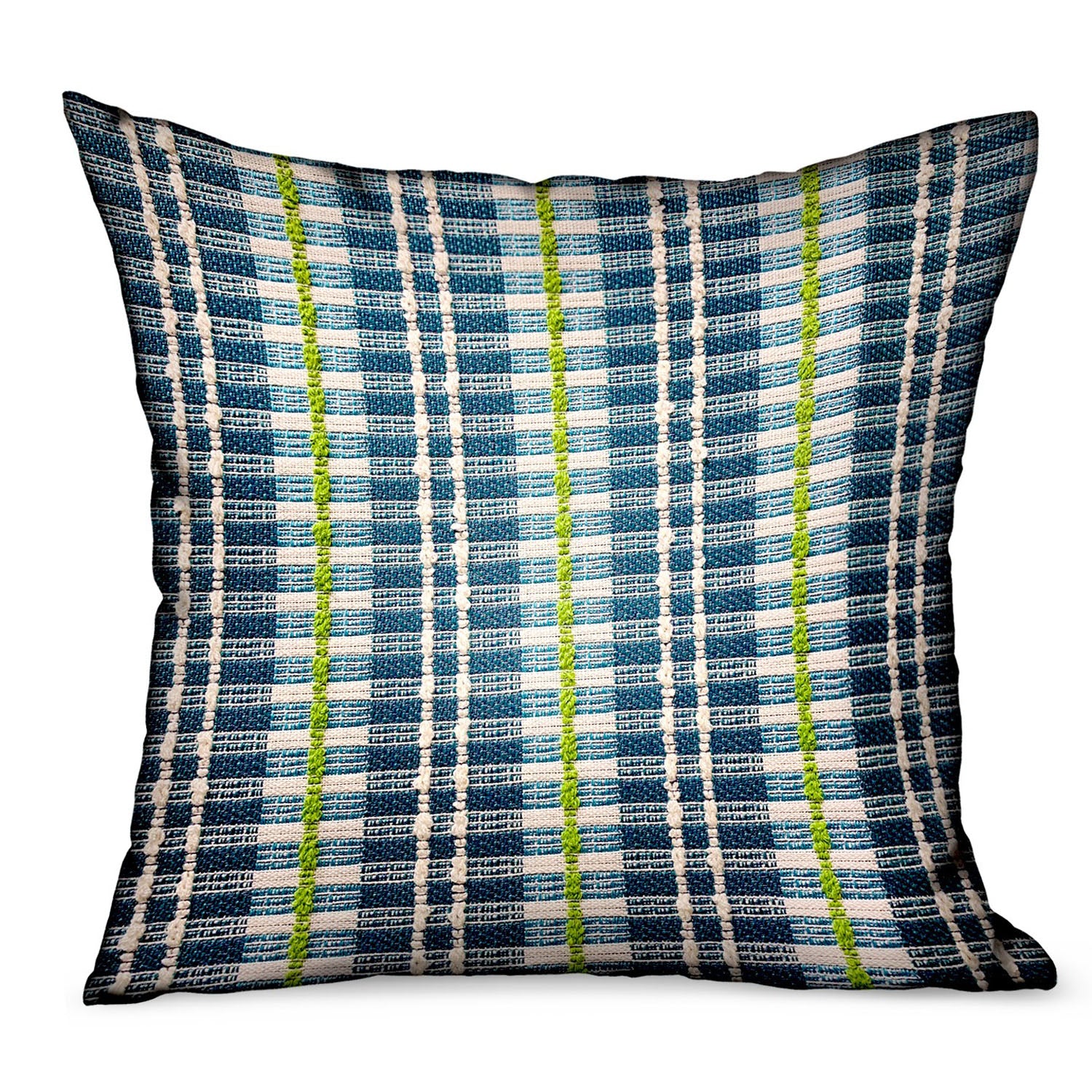 Garden Tassel Blue Stripes luxury throw pillow featuring durable Sunbrella fabric, double-sided design, and invisible zipper closure.