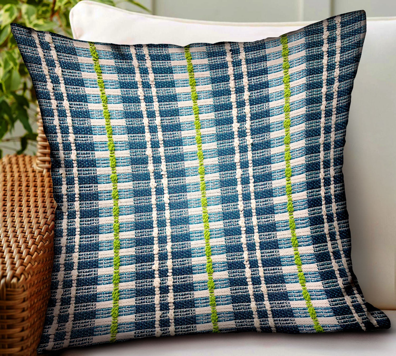 Garden Tassel Blue Stripes luxury throw pillow featuring durable Sunbrella fabric, double-sided design, and invisible zipper closure.