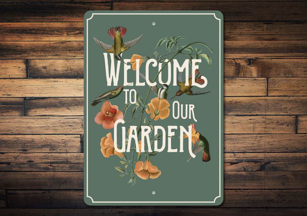 A beautifully crafted Garden Welcome Sign made of durable aluminum, featuring customizable text and a charming design, perfect for outdoor decor.