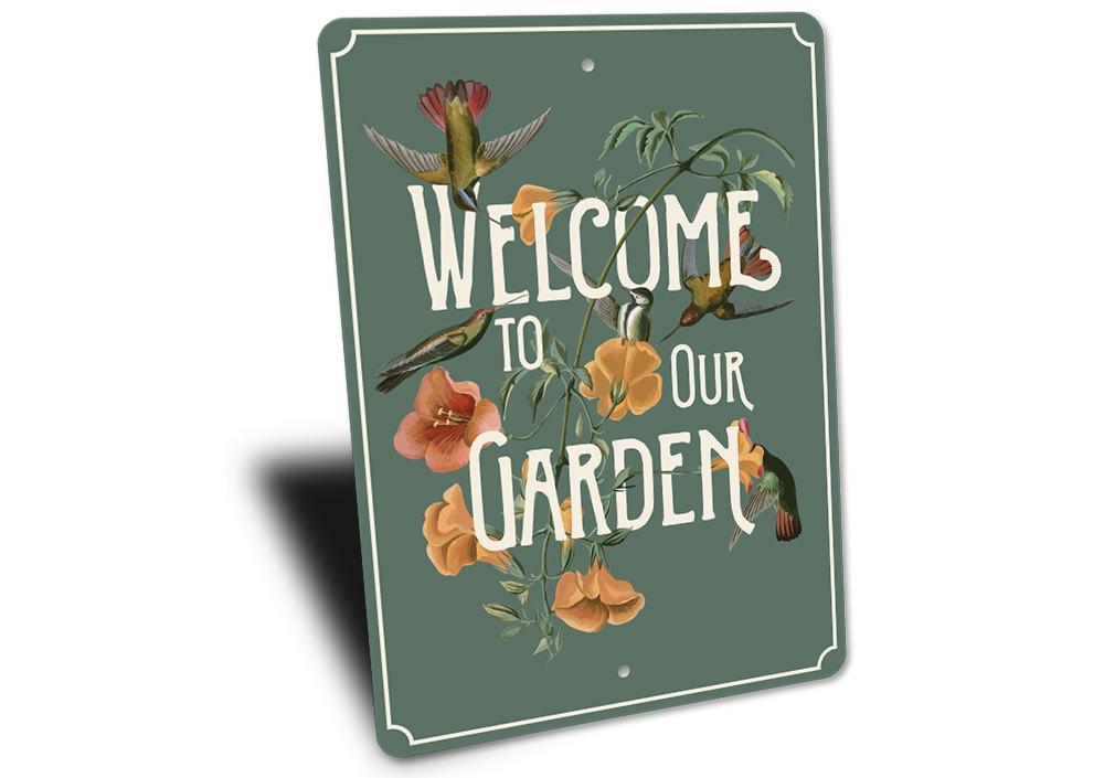 A beautifully crafted Garden Welcome Sign made of durable aluminum, featuring customizable text and a charming design, perfect for outdoor decor.