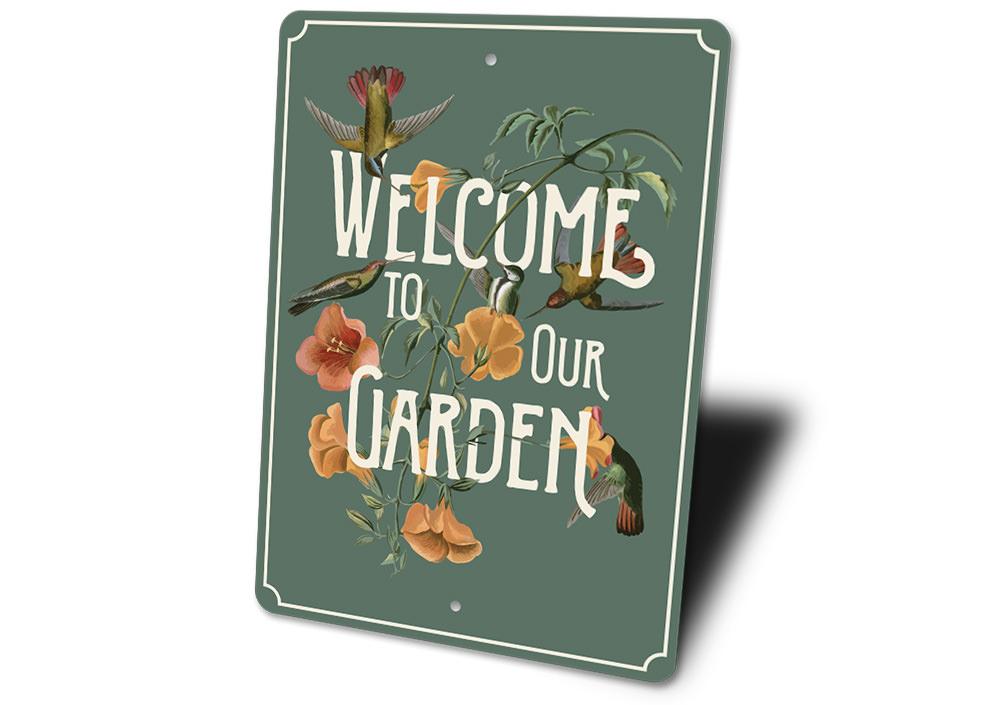 A beautifully crafted Garden Welcome Sign made of durable aluminum, featuring customizable text and a charming design, perfect for outdoor decor.