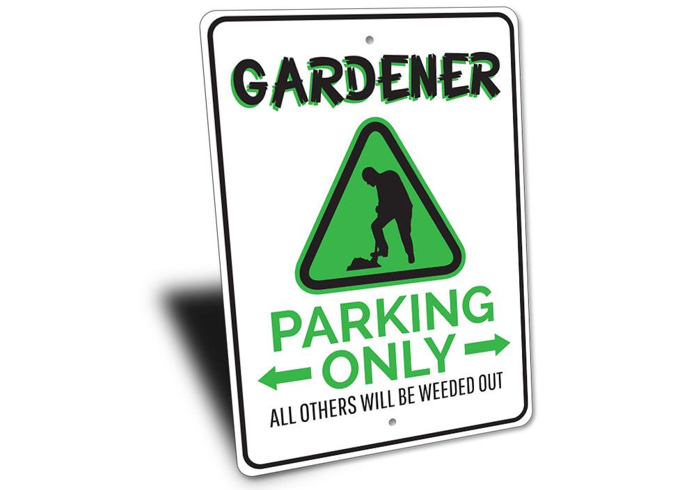 A decorative Gardener Parking Sign made of durable aluminum, featuring customizable text and pre-drilled holes for easy mounting.