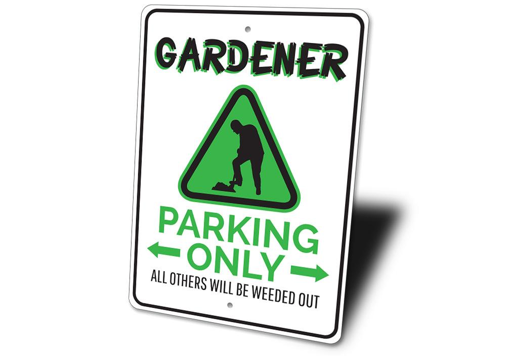 A decorative Gardener Parking Sign made of durable aluminum, featuring customizable text and pre-drilled holes for easy mounting.