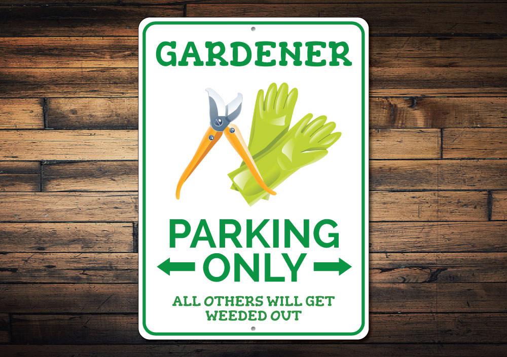 A colorful Gardener Parking Sign made of durable aluminum, featuring customizable text and pre-drilled holes for easy mounting.