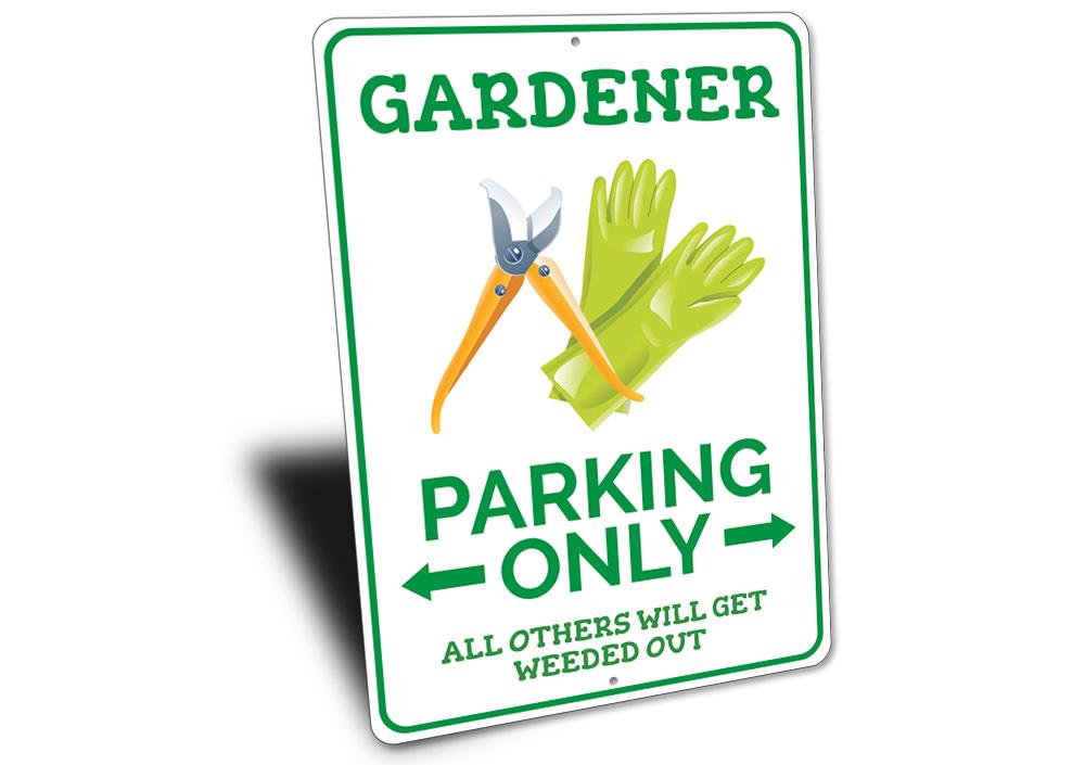 A colorful Gardener Parking Sign made of durable aluminum, featuring customizable text and pre-drilled holes for easy mounting.