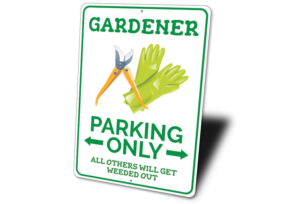 A colorful Gardener Parking Sign made of durable aluminum, featuring customizable text and pre-drilled holes for easy mounting.