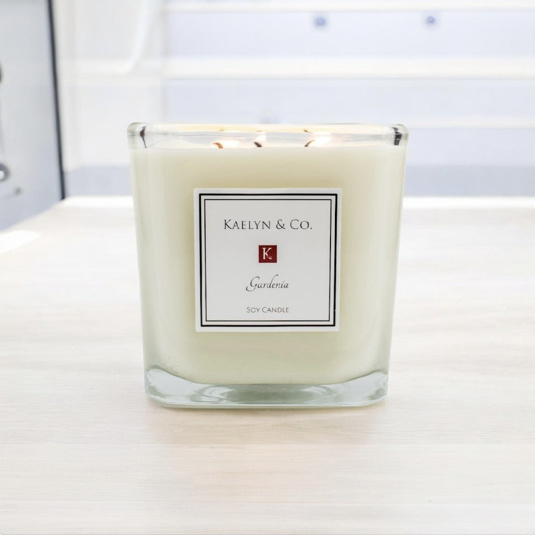 A beautifully crafted Gardenia Large Cube Candle, showcasing its elegant cube shape and soft gardenia flower aroma.