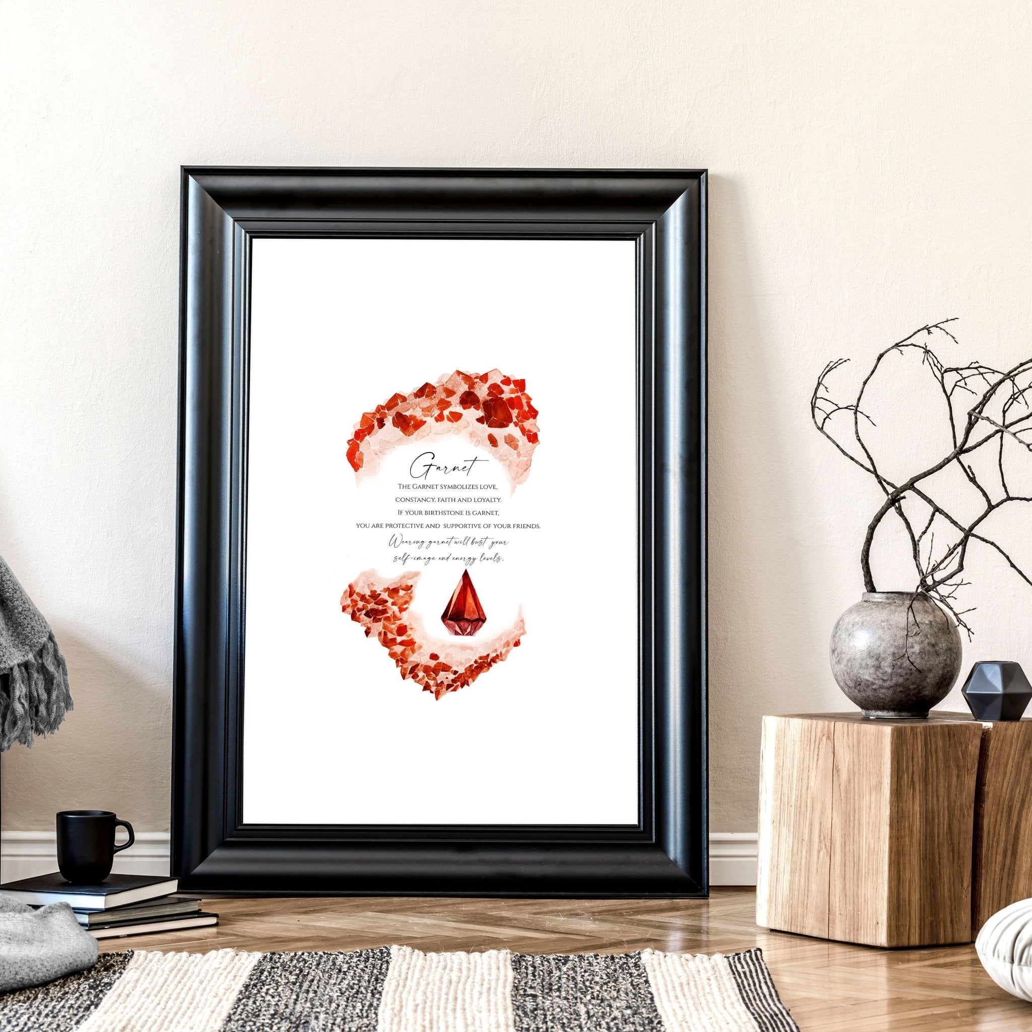 Garnet January Birthstone wall art print featuring deep red hues and sparkling facets, perfect for home decor.