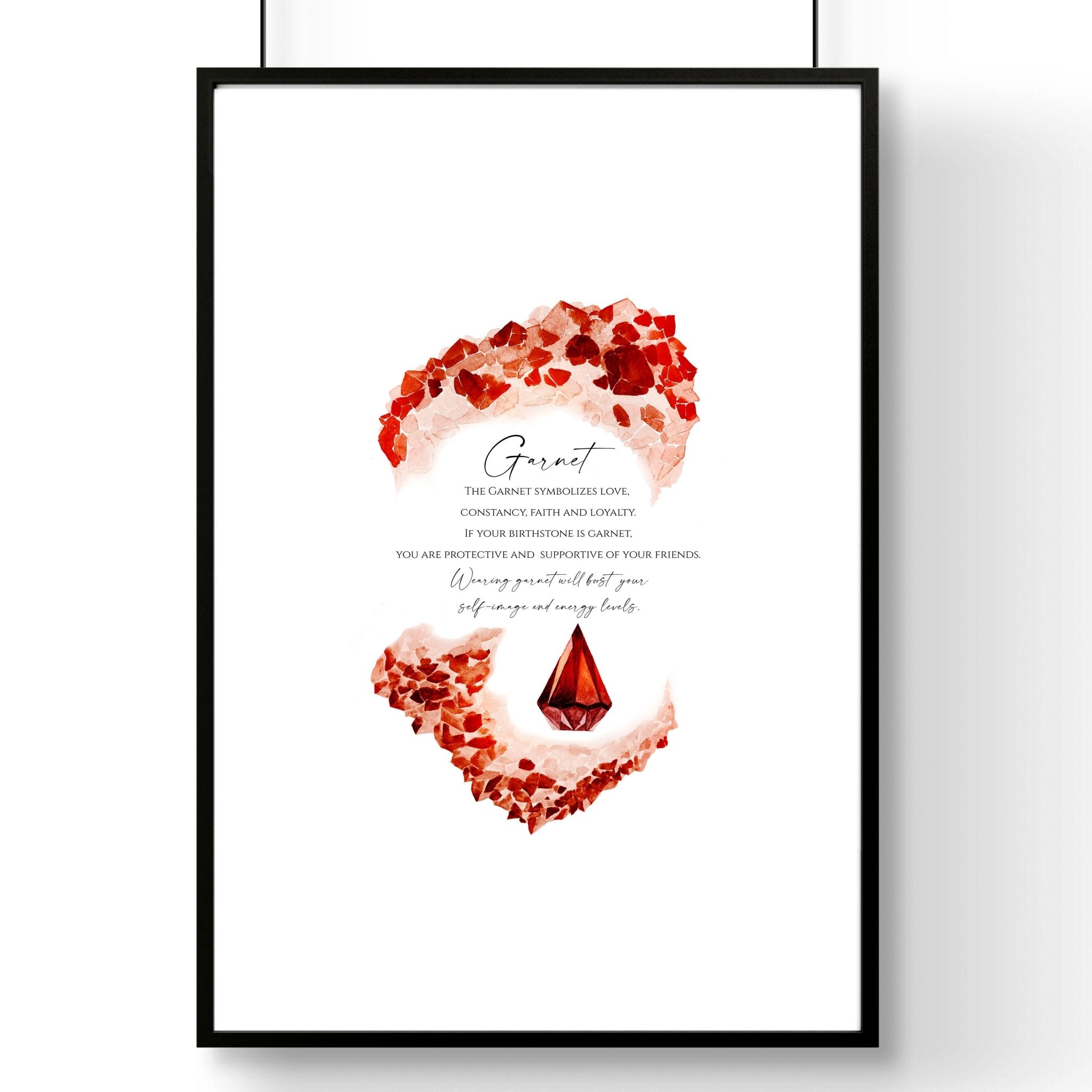 Garnet January Birthstone wall art print featuring deep red hues and sparkling facets, perfect for home decor.