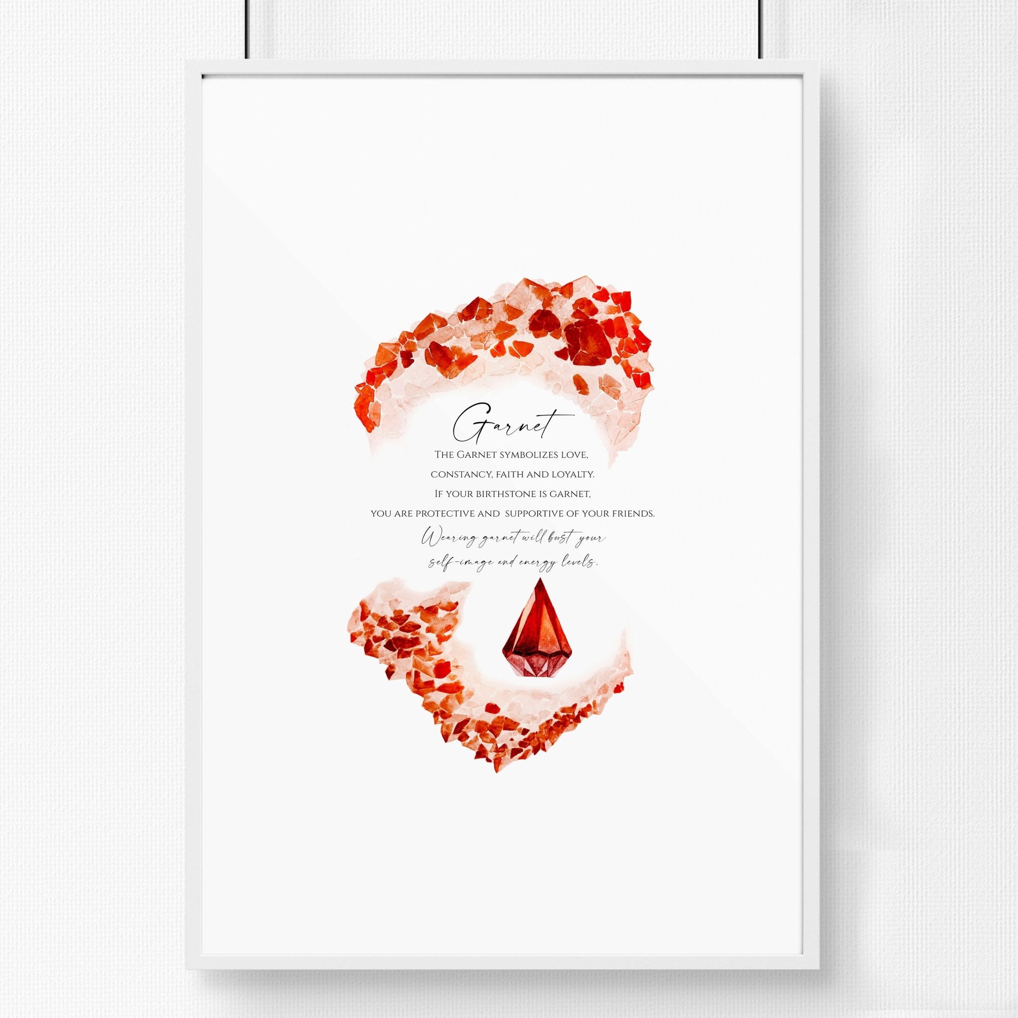 Garnet January Birthstone wall art print featuring deep red hues and sparkling facets, perfect for home decor.