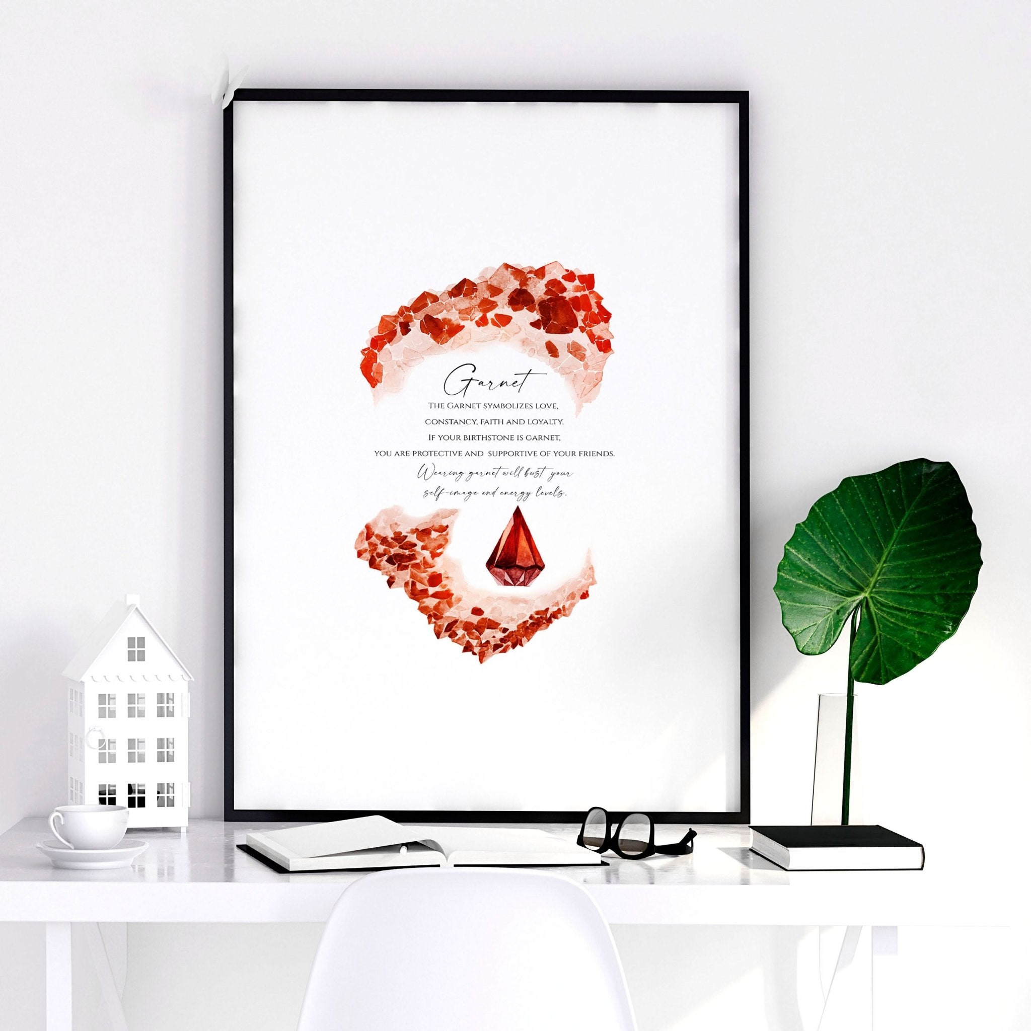 Garnet January Birthstone wall art print featuring deep red hues and sparkling facets, perfect for home decor.