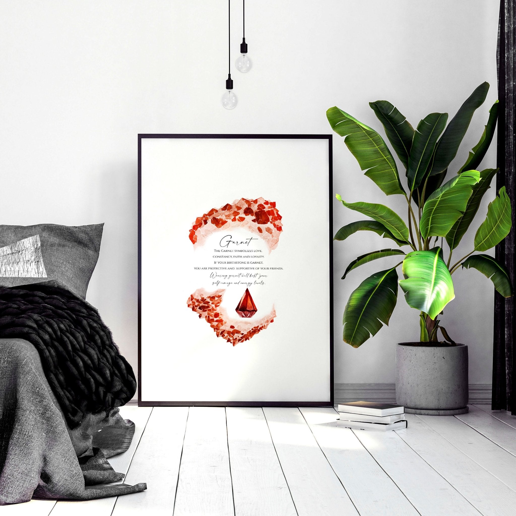 Garnet January Birthstone wall art print featuring deep red hues and sparkling facets, perfect for home decor.