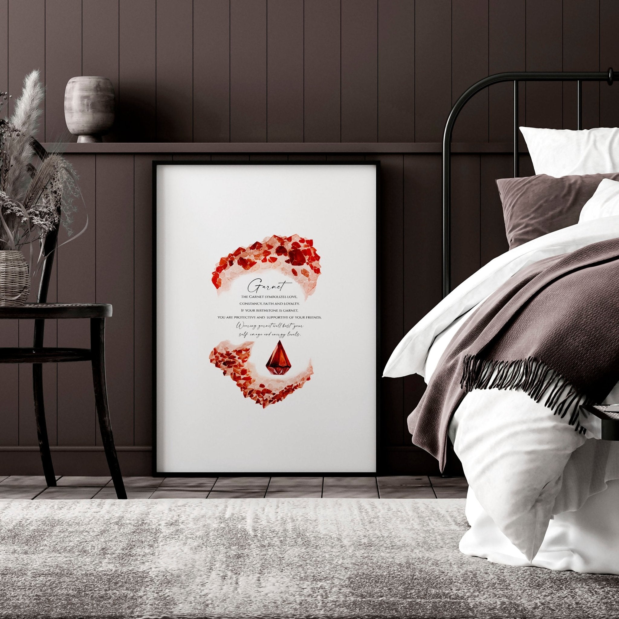 Garnet January Birthstone wall art print featuring deep red hues and sparkling facets, perfect for home decor.