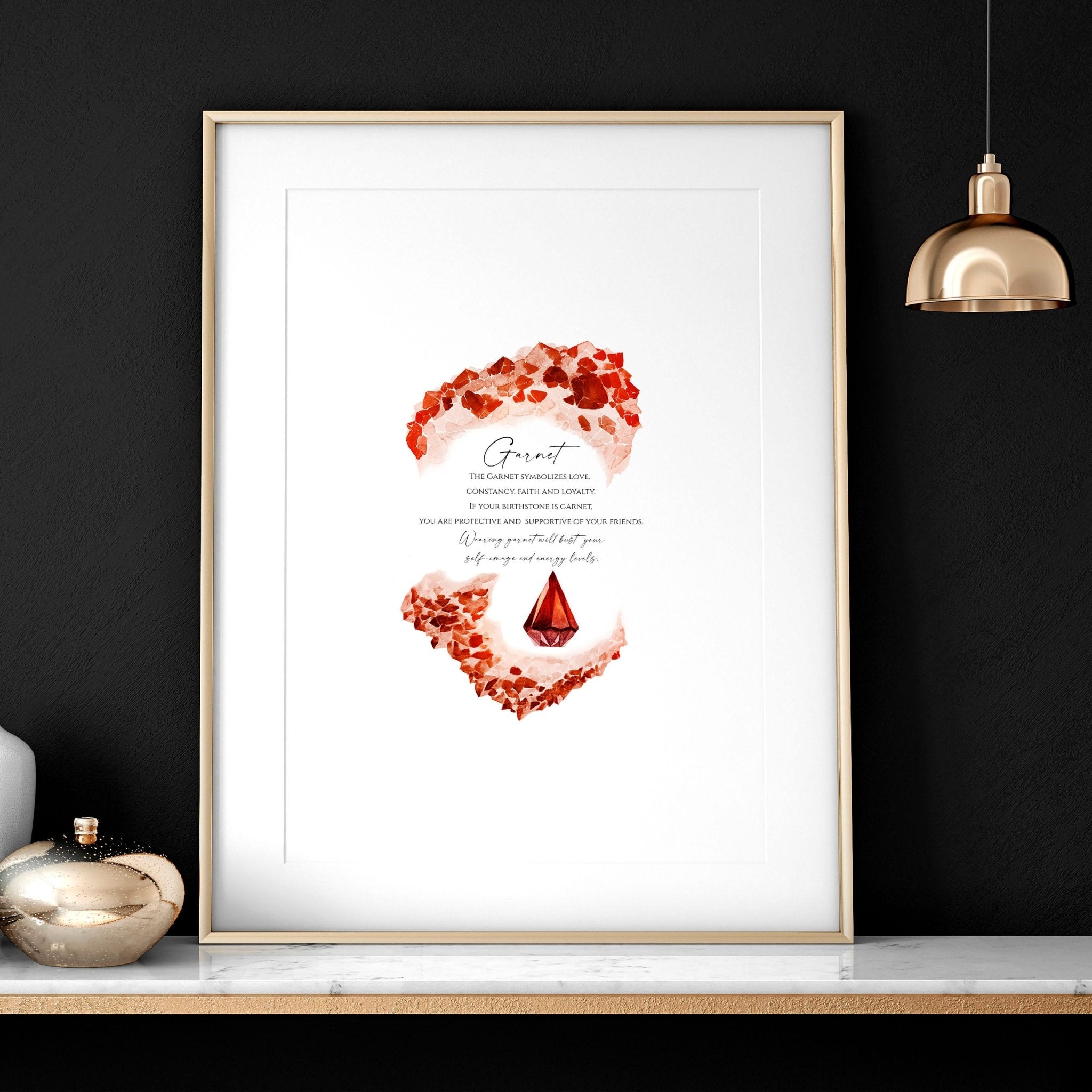 Garnet January Birthstone wall art print featuring deep red hues and sparkling facets, perfect for home decor.