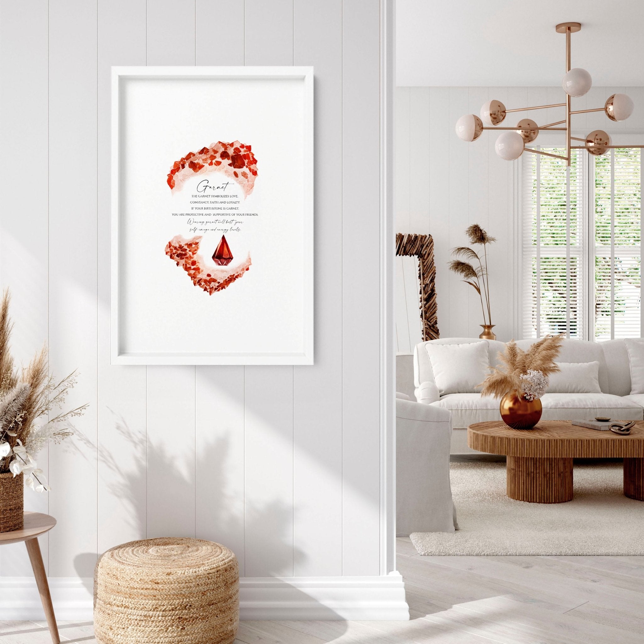 Garnet January Birthstone wall art print featuring deep red hues and sparkling facets, perfect for home decor.