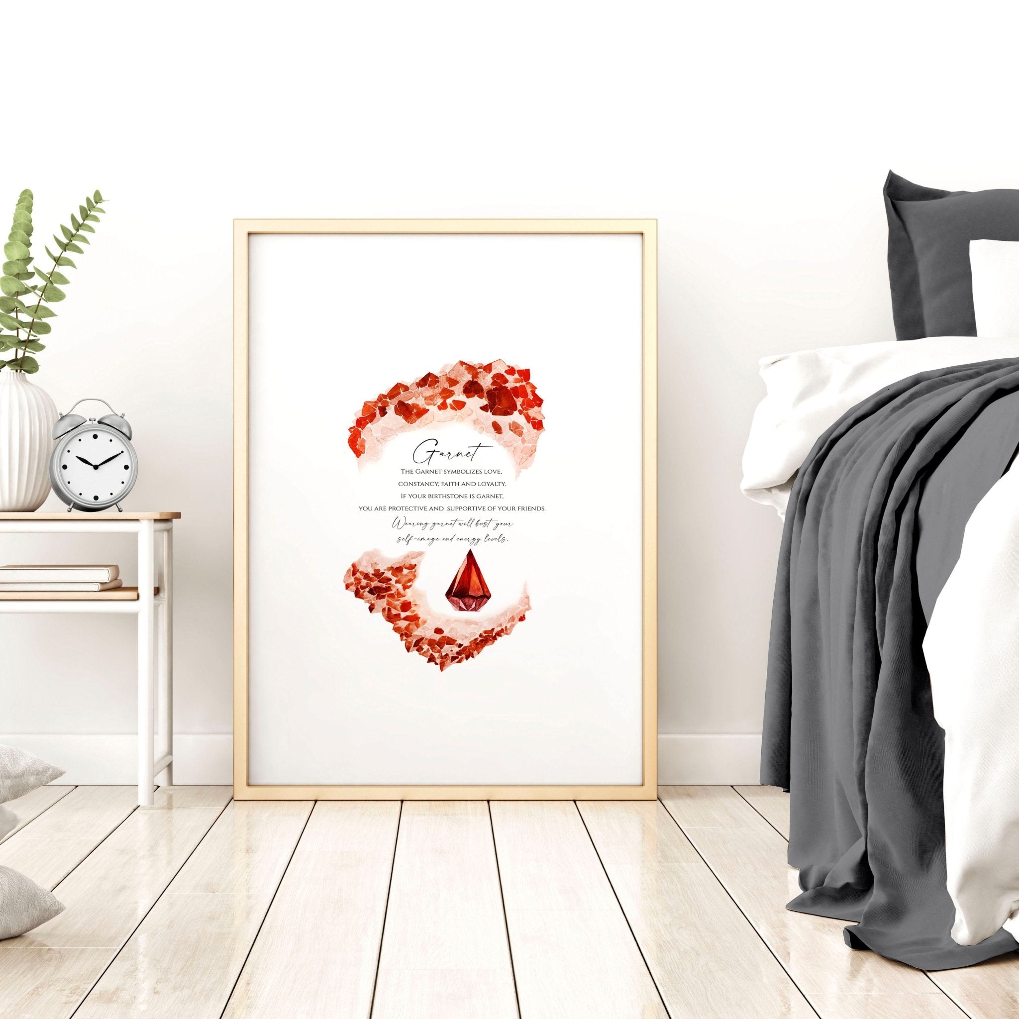 Garnet January Birthstone wall art print featuring deep red hues and sparkling facets, perfect for home decor.