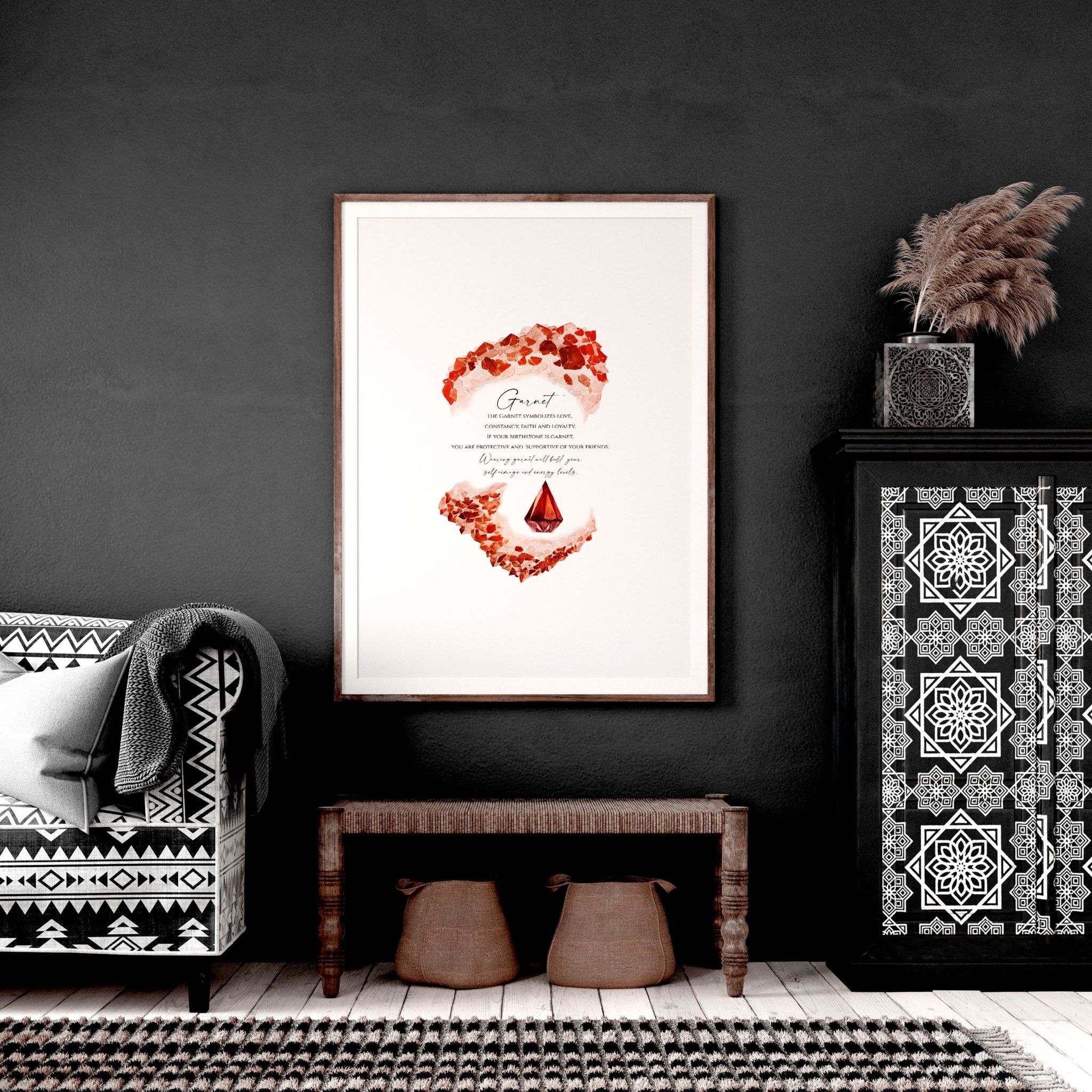 Garnet January Birthstone wall art print featuring deep red hues and sparkling facets, perfect for home decor.