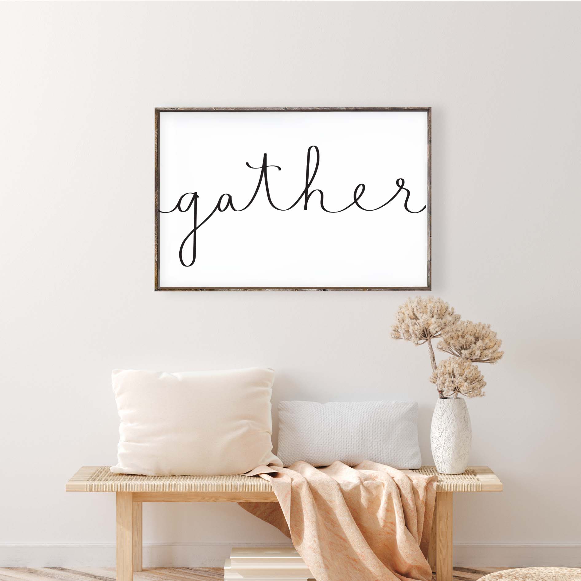 Gather Wood Sign featuring flowing ribbon script on a white background, framed in stained pine wood, handmade in Toronto.