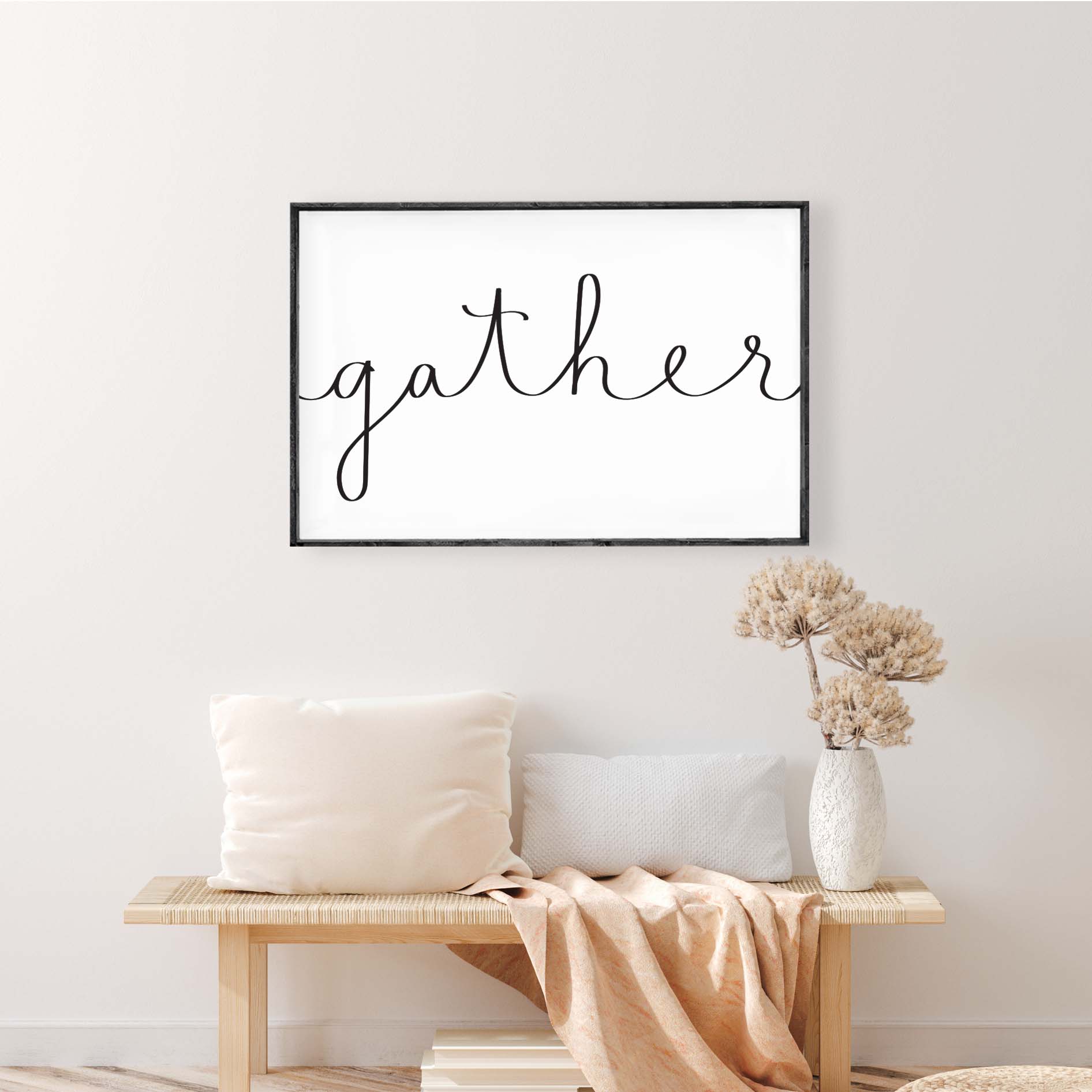 Gather Wood Sign featuring flowing ribbon script on a white background, framed in stained pine wood, handmade in Toronto.