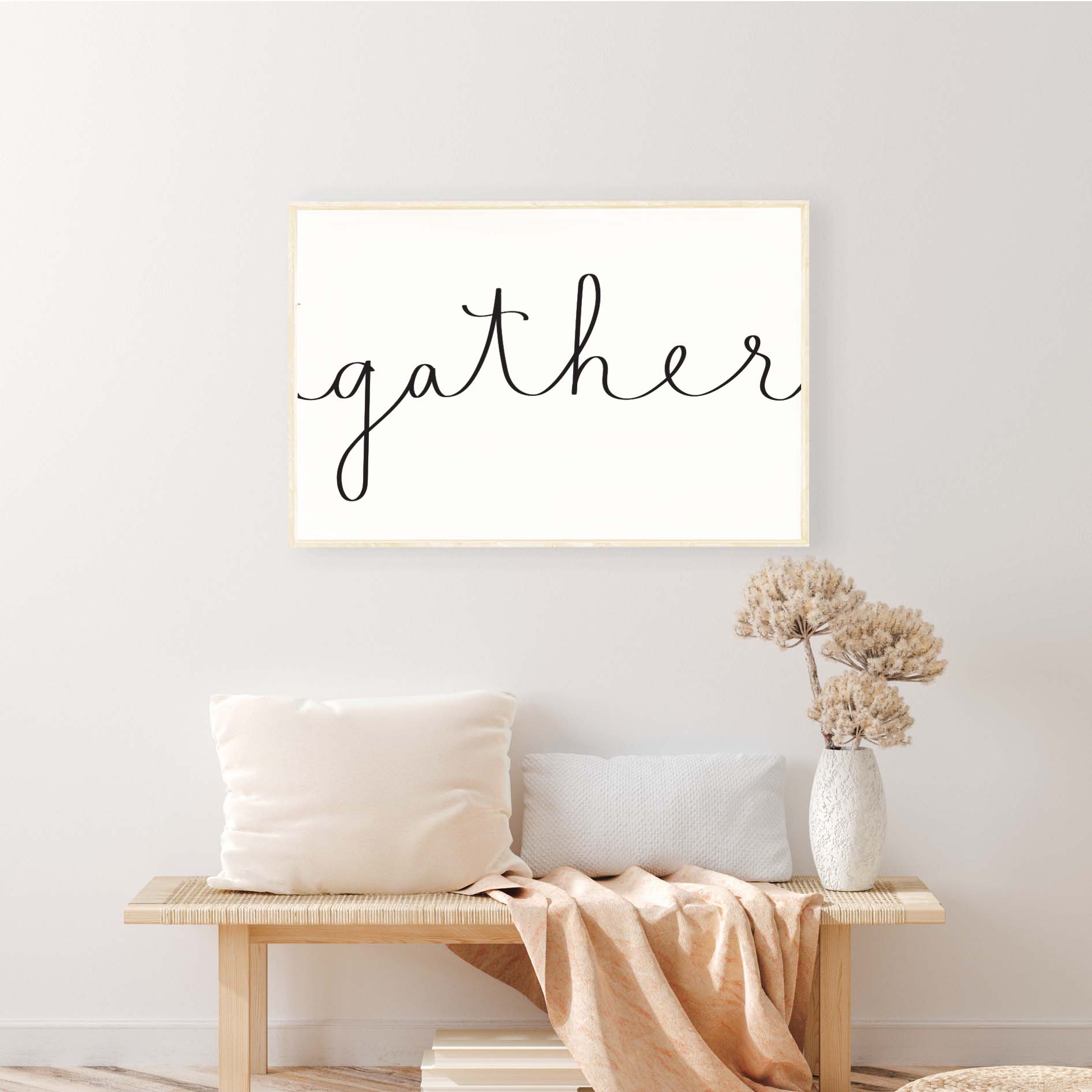 Gather Wood Sign featuring flowing ribbon script on a white background, framed in stained pine wood, handmade in Toronto.