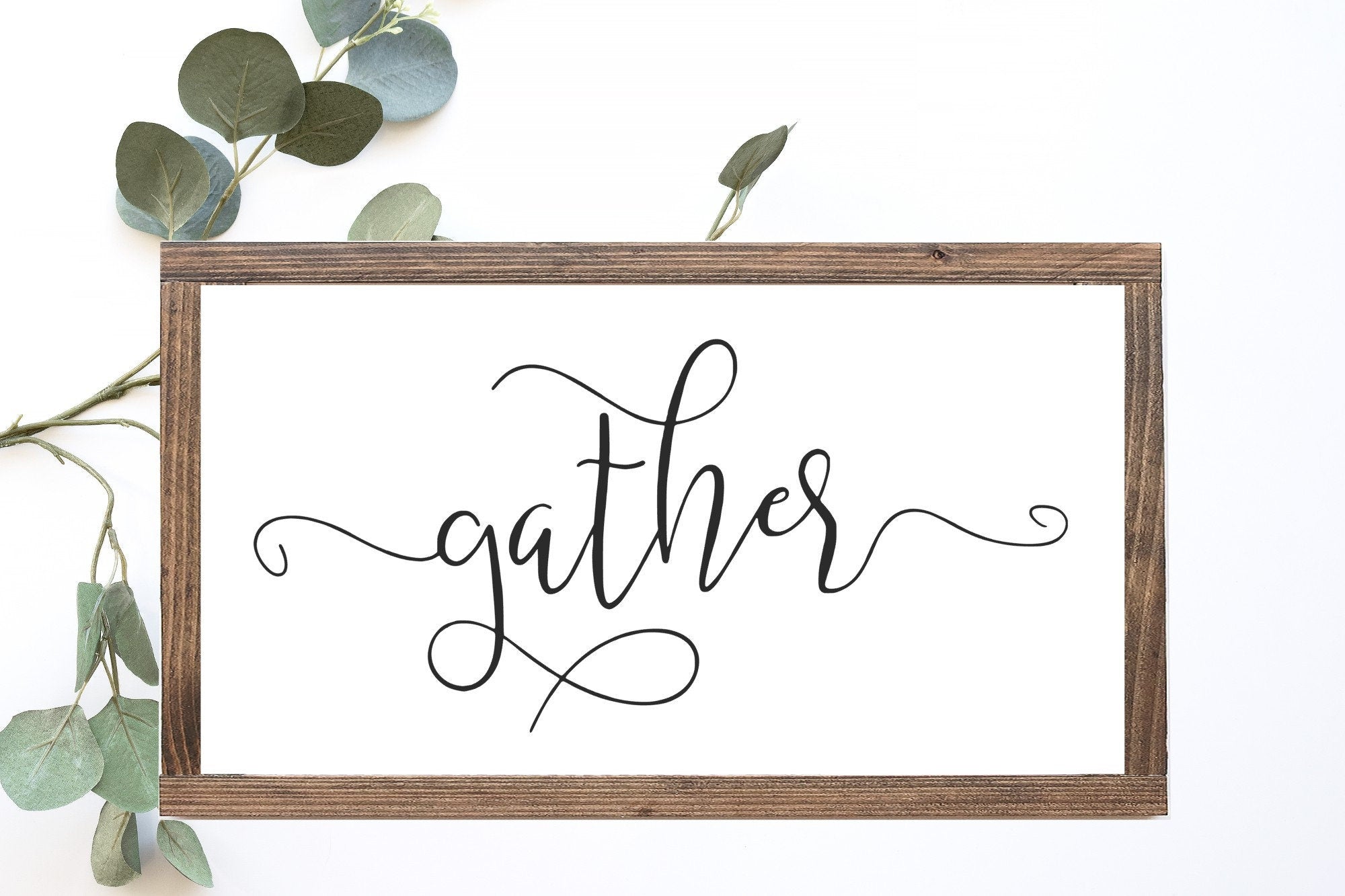 Handmade Gather Wood Sign with matte white background and painted lettering, showcasing unique wood grain and knots.