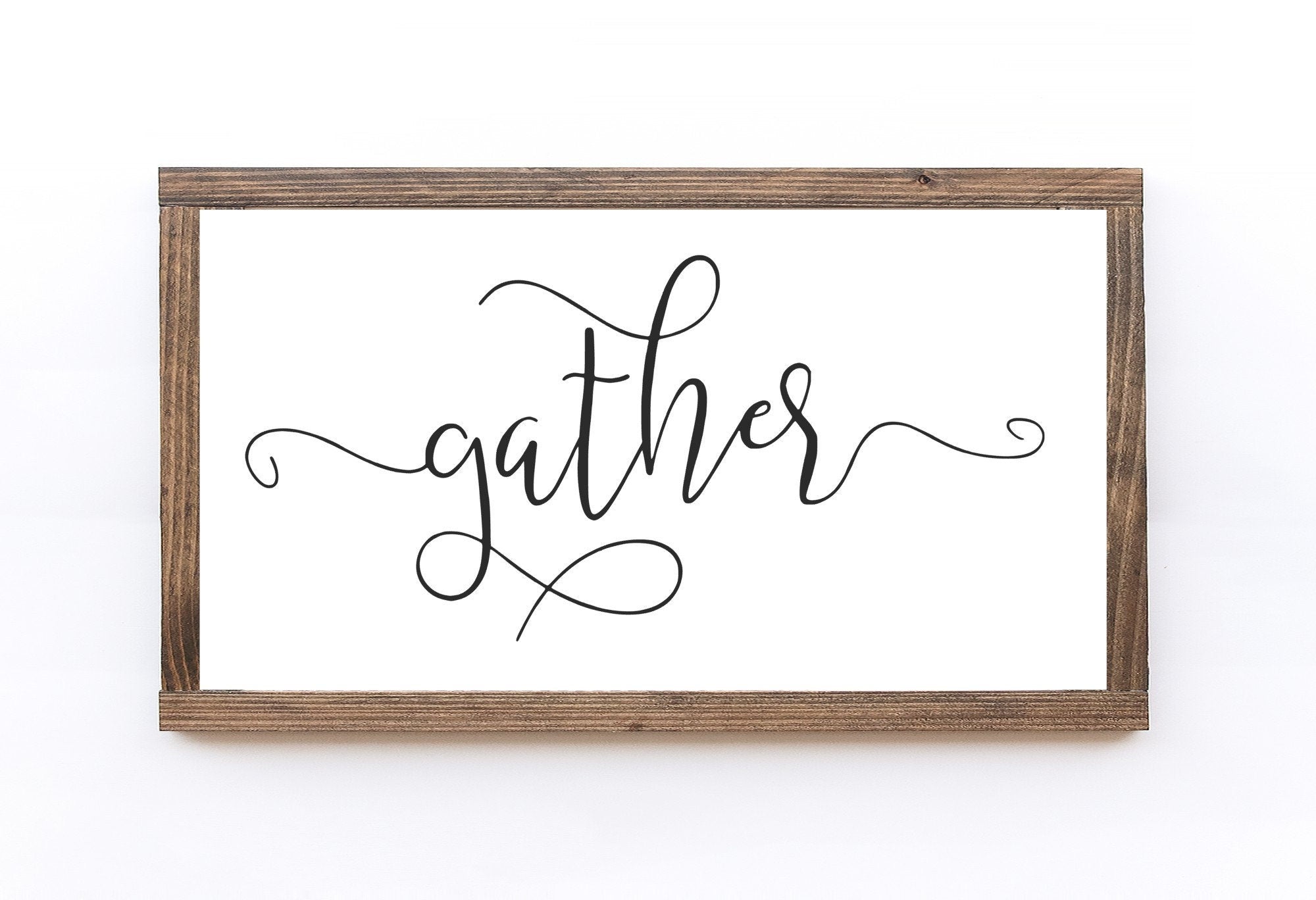 Handmade Gather Wood Sign with matte white background and painted lettering, showcasing unique wood grain and knots.