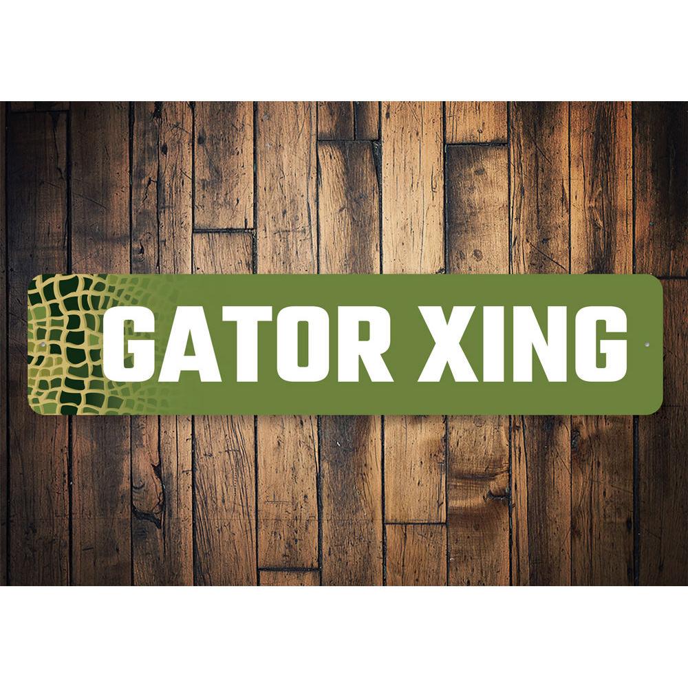 Gator Crossing Sign made of high-quality aluminum, featuring vibrant colors and a humorous design, perfect for indoor or outdoor decoration.