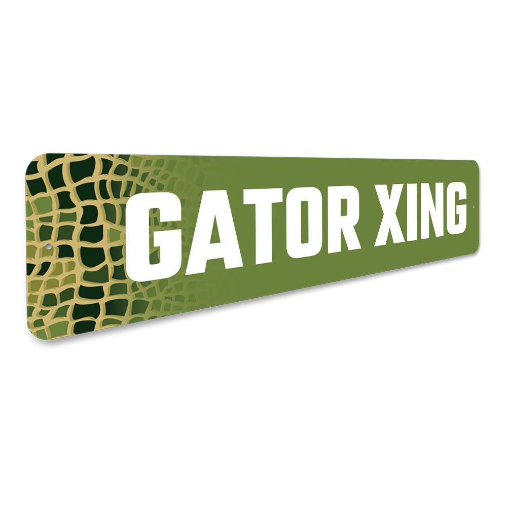 Gator Crossing Sign made of high-quality aluminum, featuring vibrant colors and a humorous design, perfect for indoor or outdoor decoration.